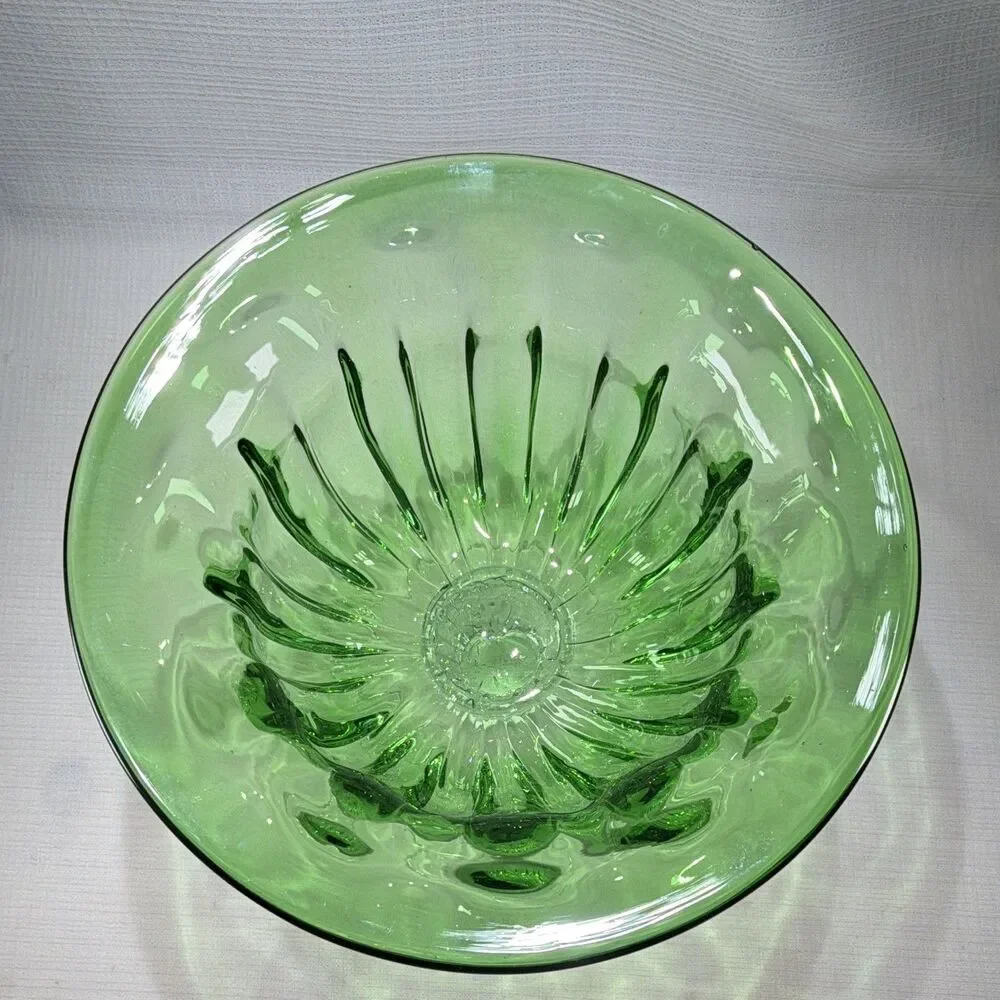 Vtg Green Glass Compote Dish Clear Pedestal Ribbed Centerpiece Bowl (6.75